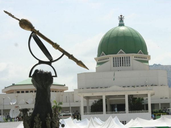 The mace sculpture stands before Nigeria’s National Assembly complex in Abuja.